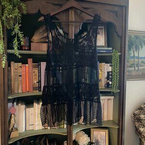 Black Sheer Lace Long Tunic Top – Sleeveless – Tiered Mesh Layering Shirt Large